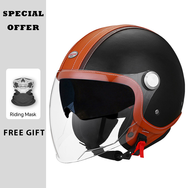 Vintage Open Face Retro Helmet - Casco aperto in pelle marrone bianco