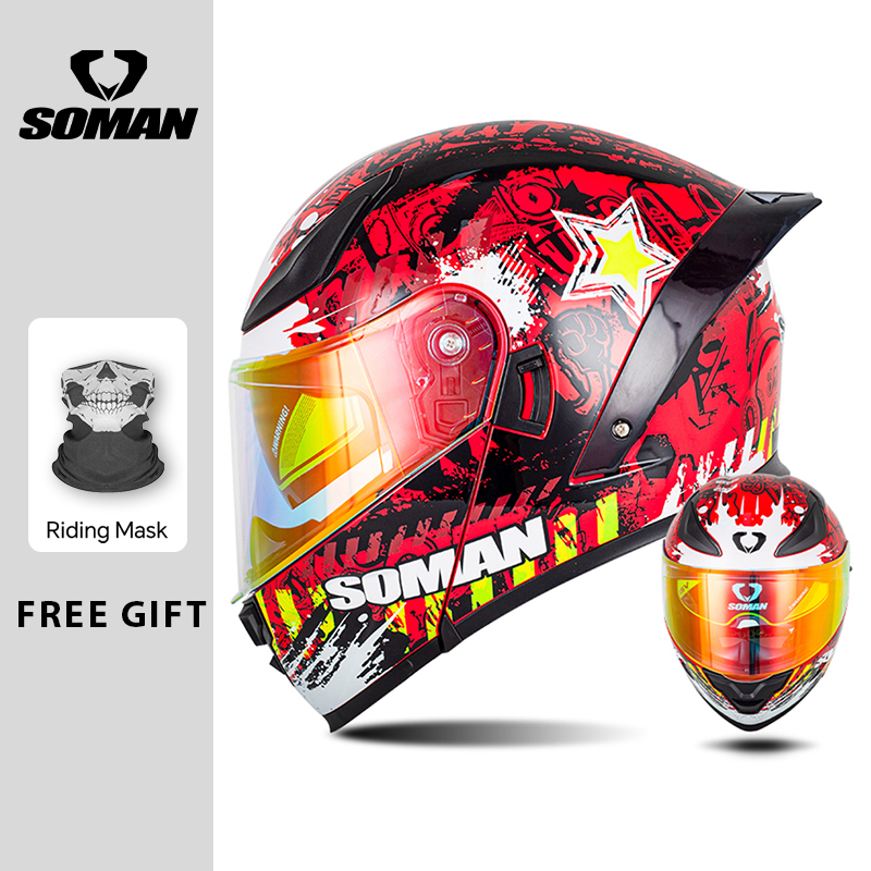 Dual Visor Motorcycle Racing Helmet - SOMAN Casco modulare Flip Caschi da